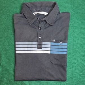 Travis Mathew Black Polo with Blue and Gray Stripes